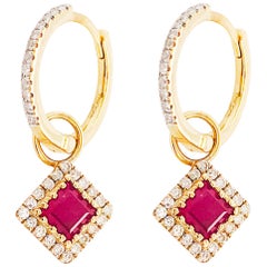 Diamond and Ruby Huggie Earrings, Gold Diamond Mini Hoops, July Diamond Charms