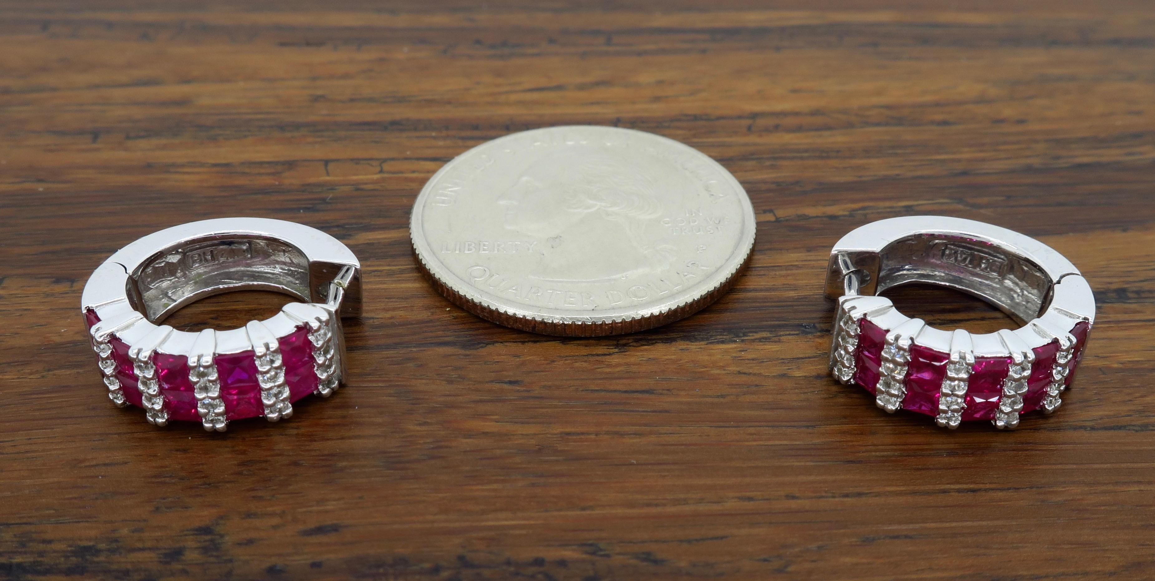 Diamond and Ruby Huggie Style Hoop Earrings In Excellent Condition In Webster, NY
