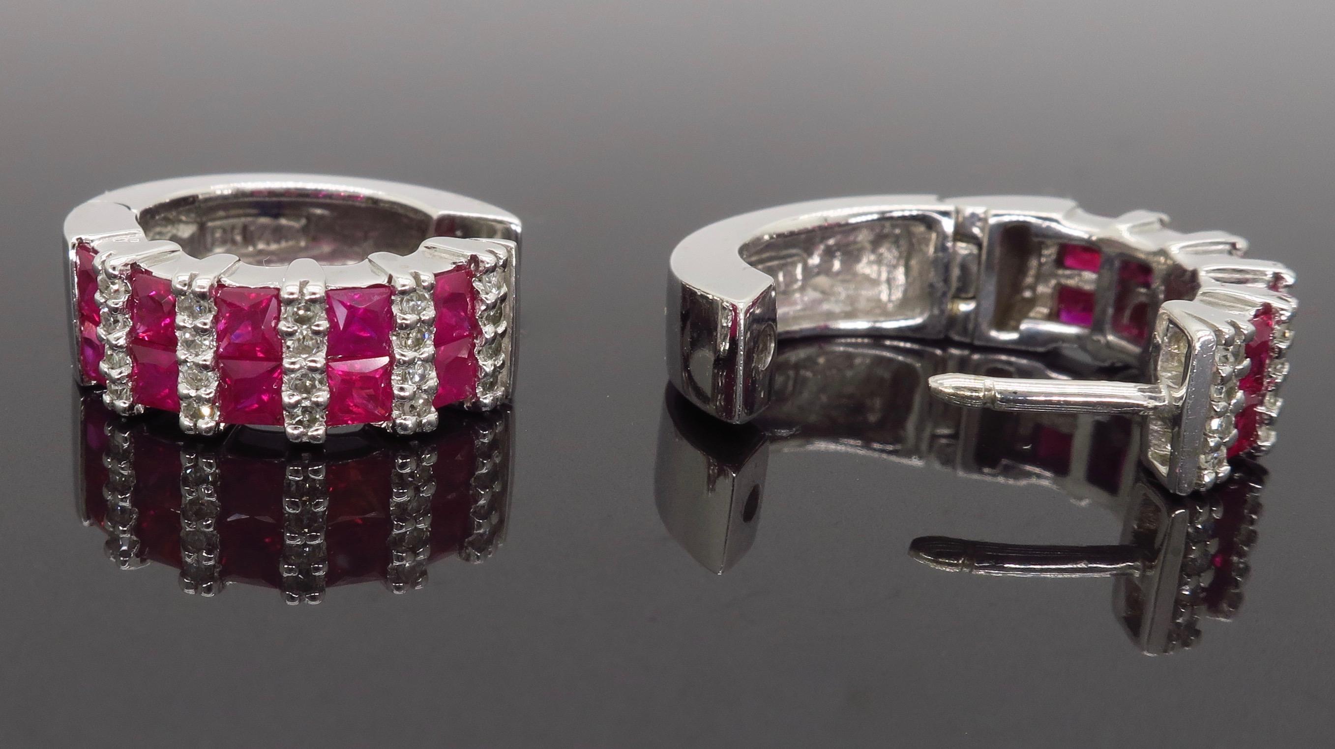 Diamond and Ruby Huggie Style Hoop Earrings 2