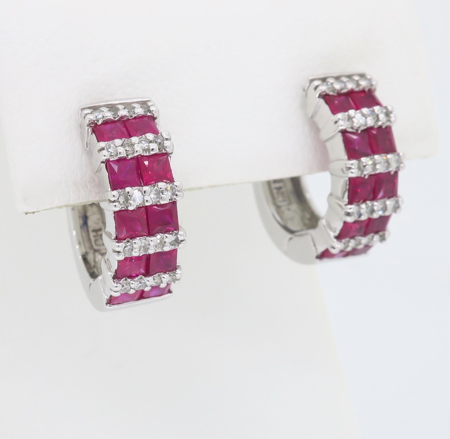 Diamond and Ruby Huggie Style Hoop Earrings 4