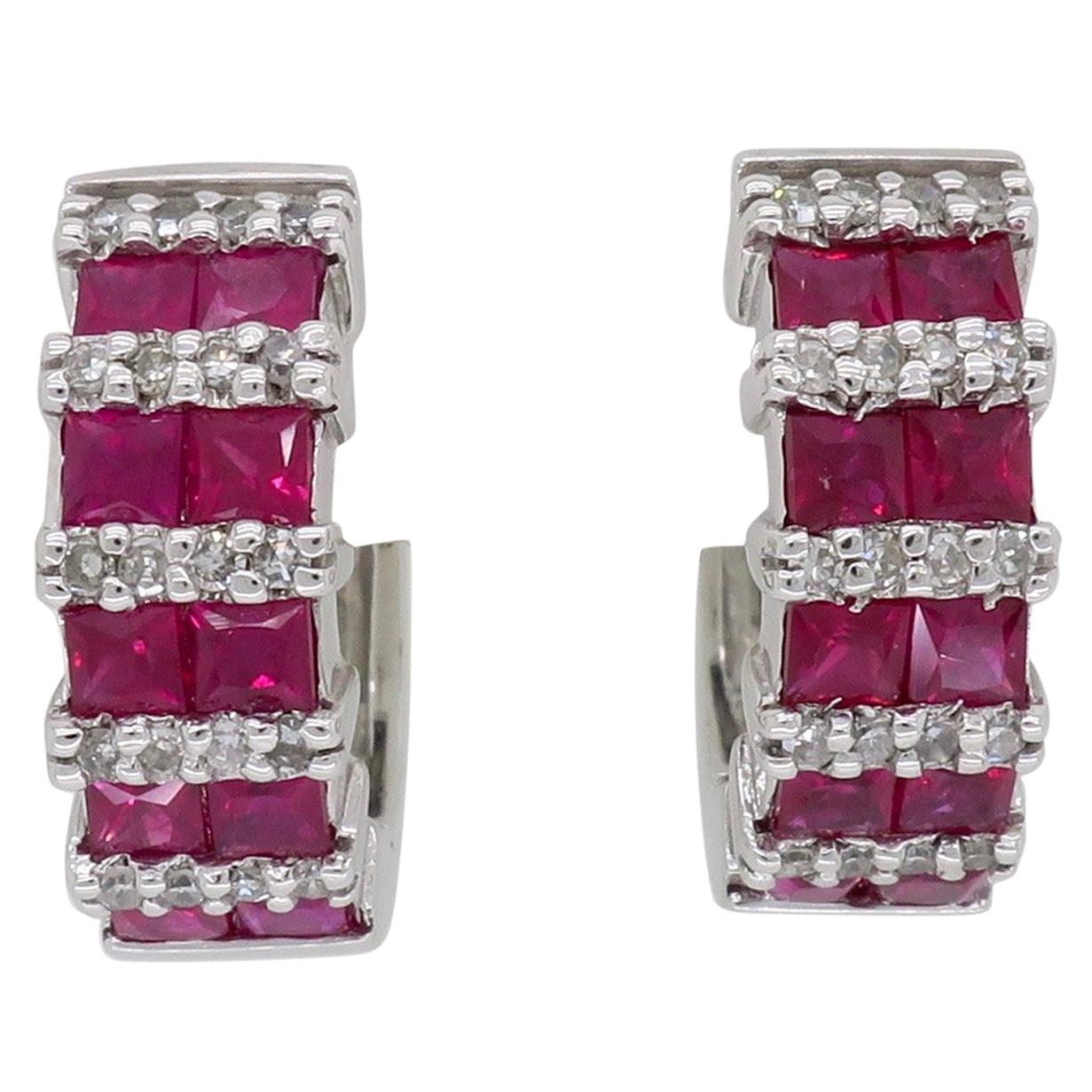 Diamond and Ruby Huggie Style Hoop Earrings