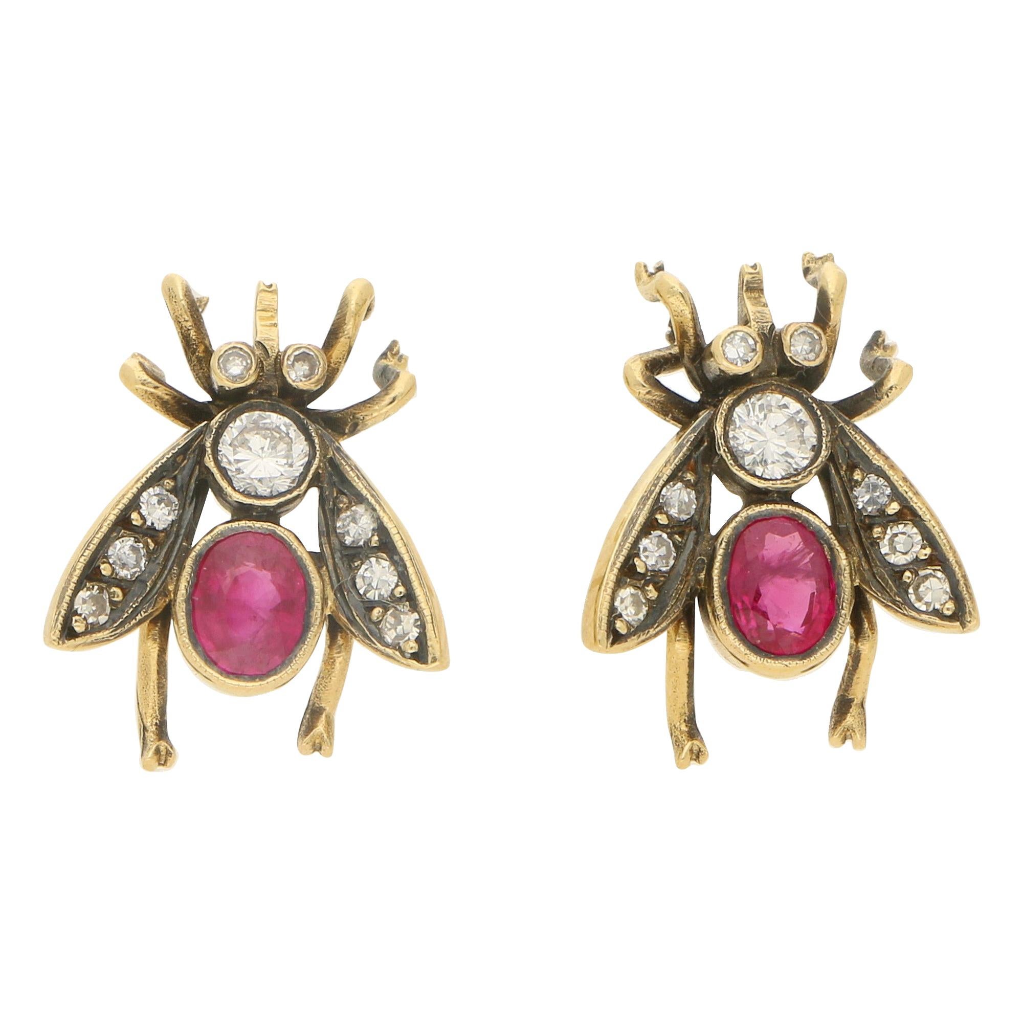 Diamond and Ruby Insect Bee Earrings in 18 Karat Yellow Gold