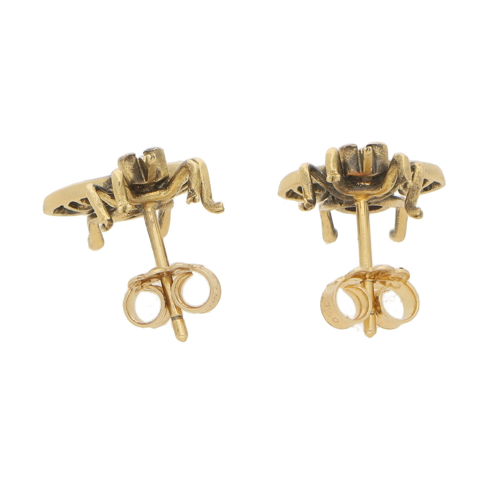 Modern Diamond and Ruby Insect Bee Earrings in 18 Karat Yellow Gold