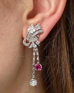 Diamond and Ruby Knot Cluster Tassel Drop Dangle Earrings