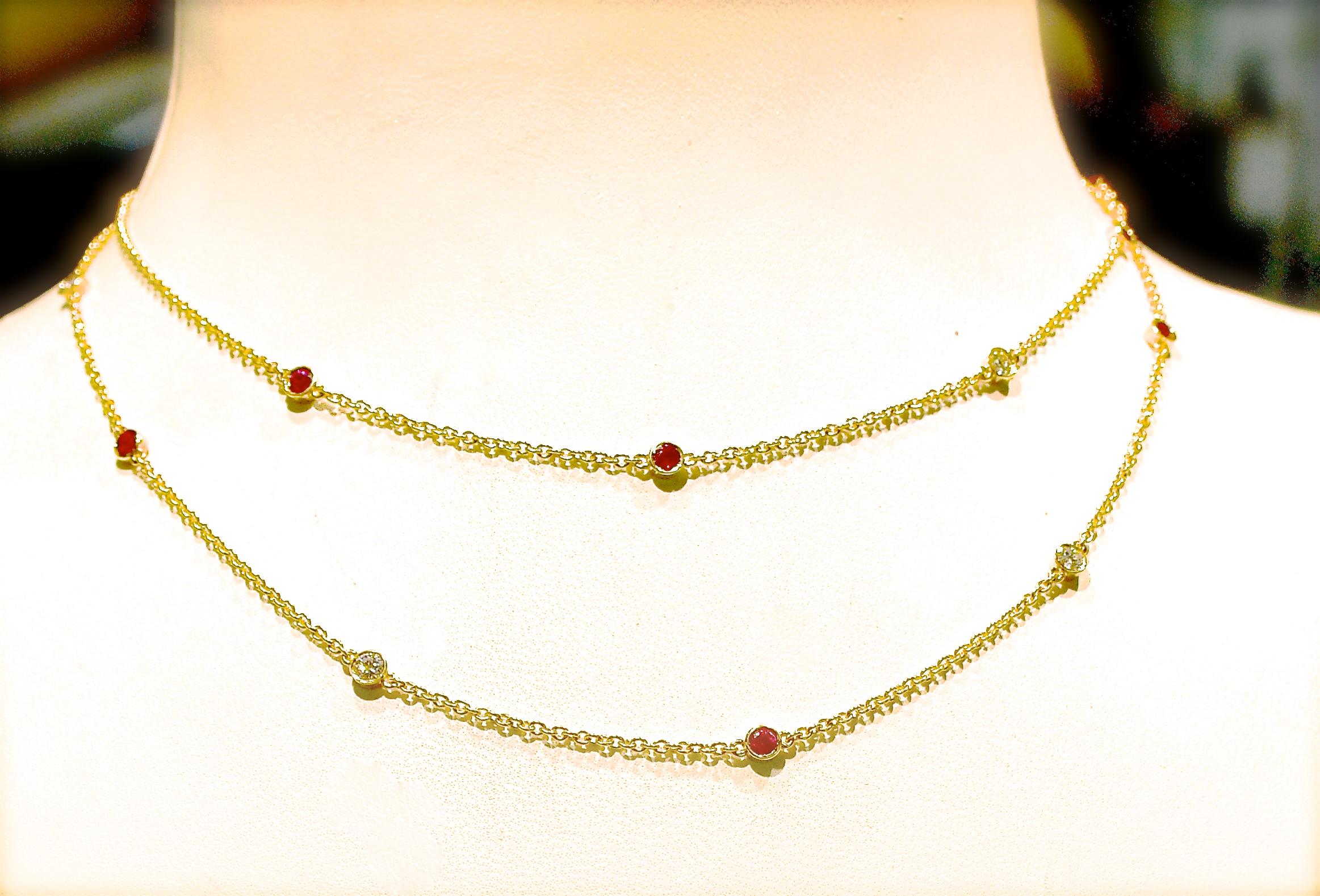 Diamond and Ruby Long Gold Chain In New Condition In Aspen, CO