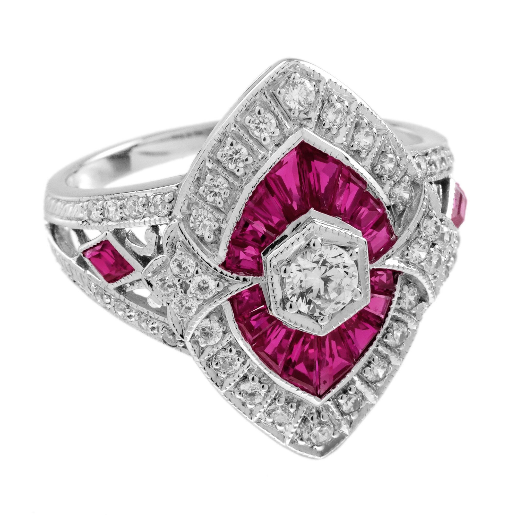 Make a dazzling statement with this Diamond and Ruby Marquise-Shaped Art Deco Style Ring. A brilliant diamond takes center stage, surrounded by a vibrant halo of French-cut rubies. The outer frame of sparkling diamonds forms a striking marquise