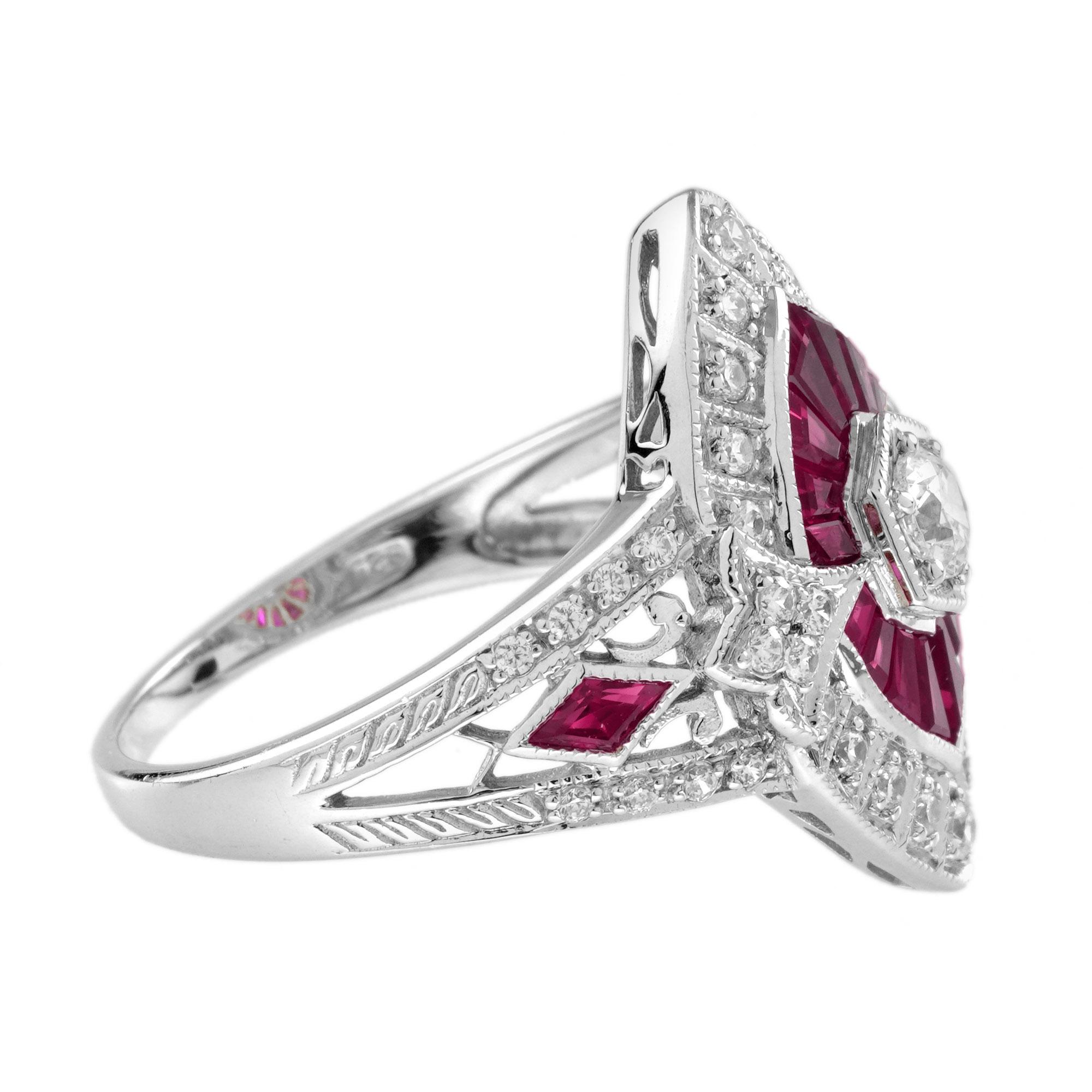 Round Cut Diamond and Ruby Marquise Shape Art Deco Style Engagement Ring in 18K White Gold For Sale