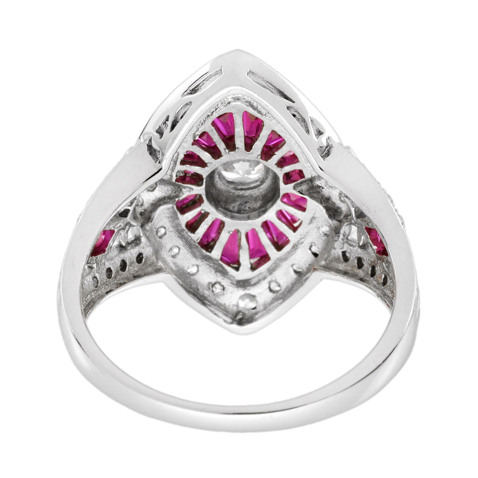 Diamond and Ruby Marquise Shape Art Deco Style Engagement Ring in 18K White Gold In New Condition For Sale In Bangkok, TH