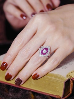 Diamond French Cut Ruby Halo Statement Ring in 18K White Gold