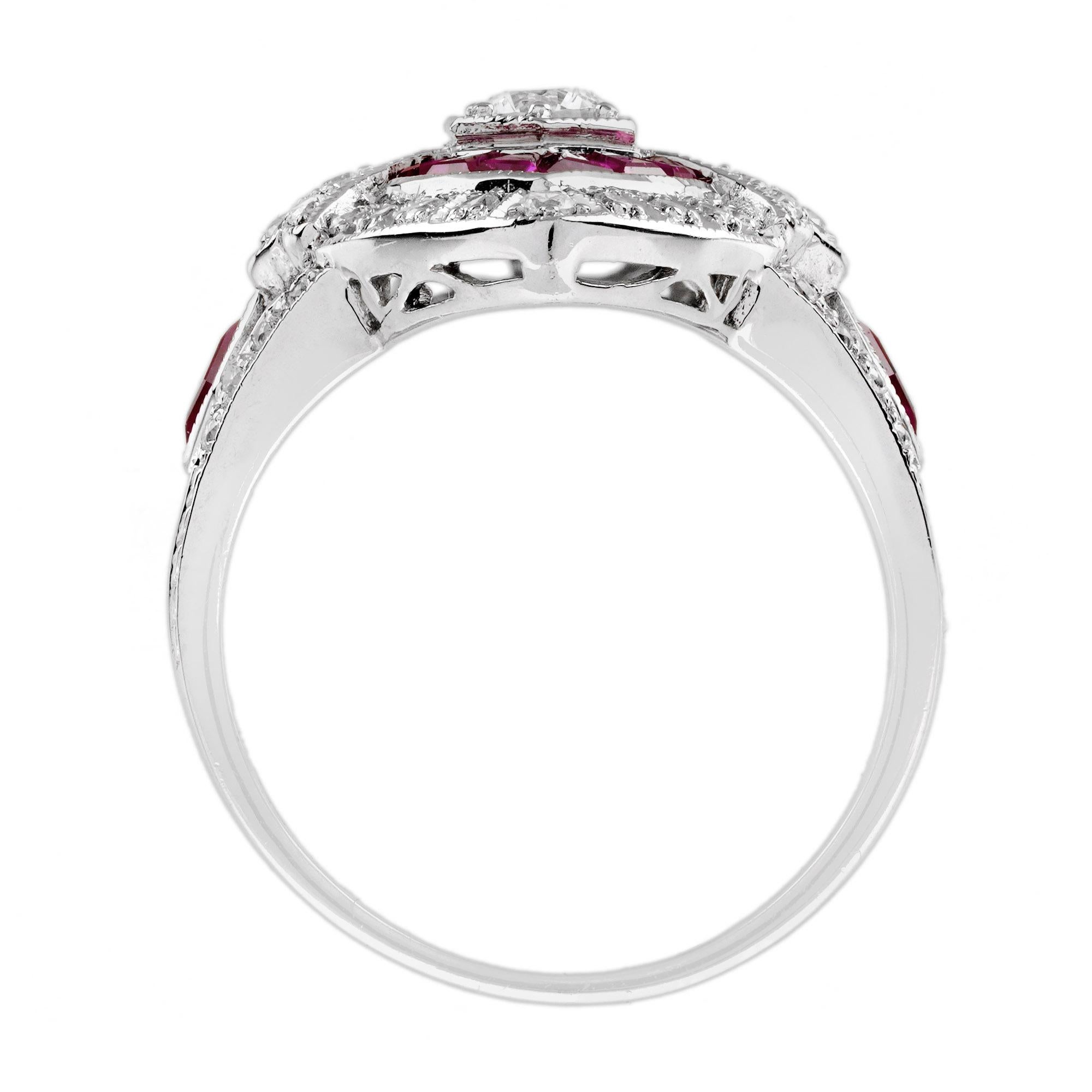 Women's Diamond and Ruby Marquise Shape Art Deco Style Engagement Ring in 18K White Gold For Sale