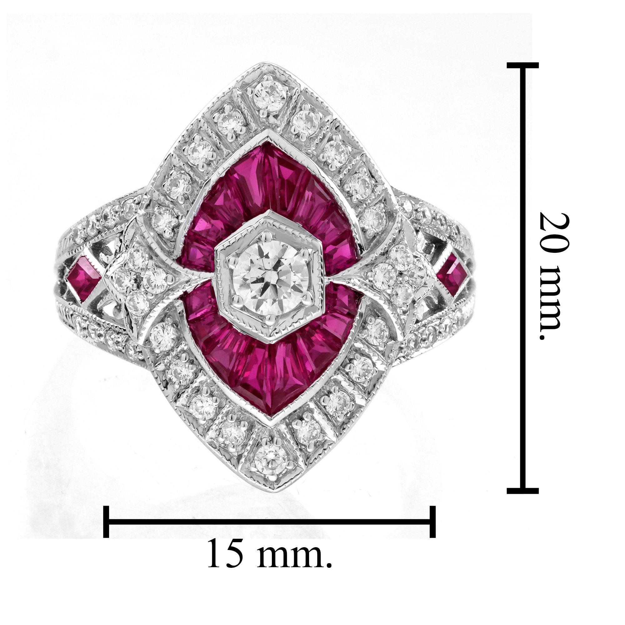 Diamond and Ruby Marquise Shape Art Deco Style Engagement Ring in 18K White Gold For Sale 1
