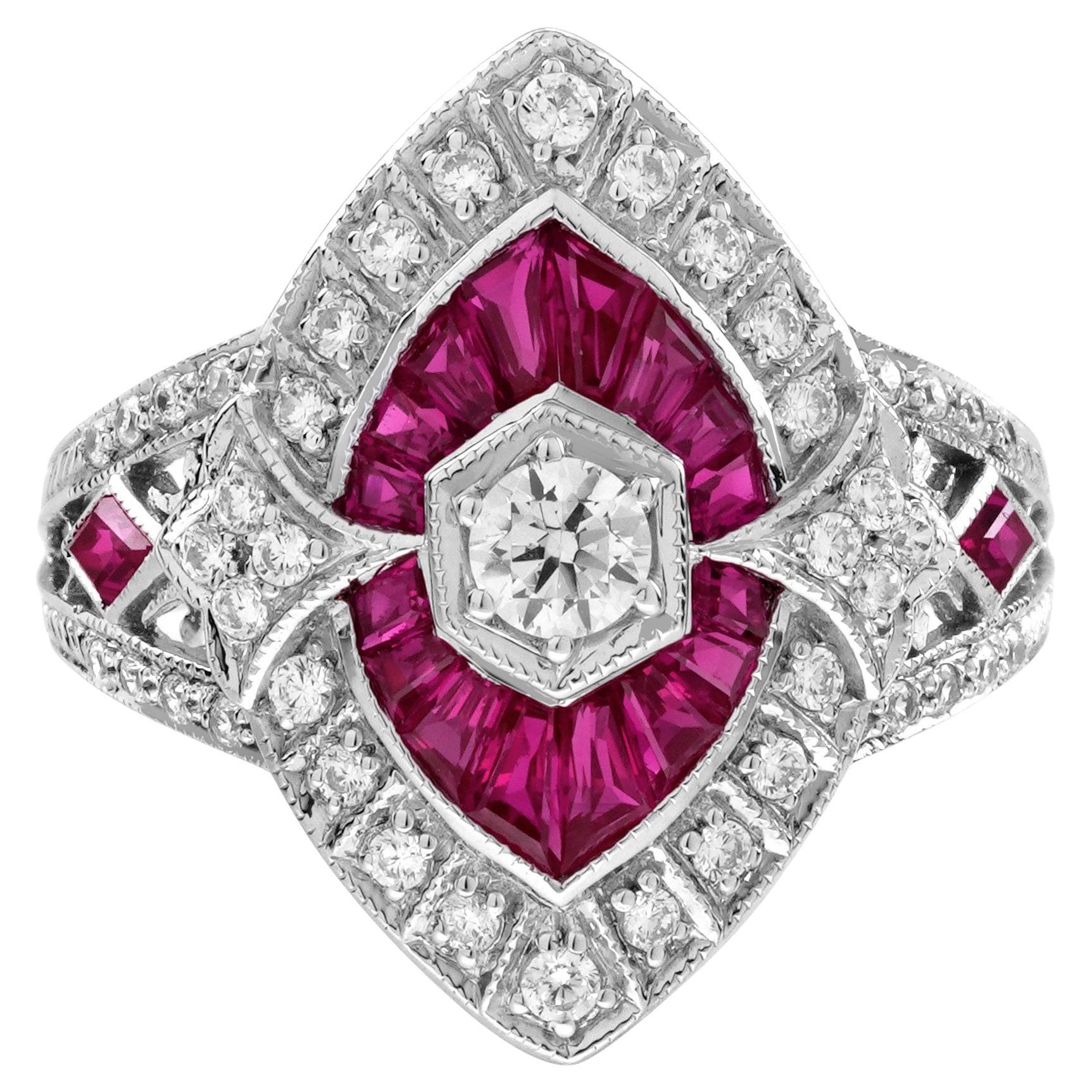 Diamant und Rubin Marquise Form Art Deco Stil Verlobungsring in 18K Weißgold