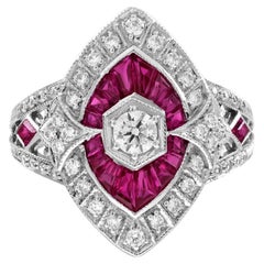 Diamond and Ruby Marquise Shape Art Deco Style Engagement Ring in 18K White Gold