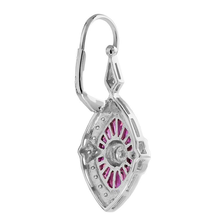Art Deco Diamond and Ruby Marquise Shape Drop Earrings in 18K White Gold For Sale
