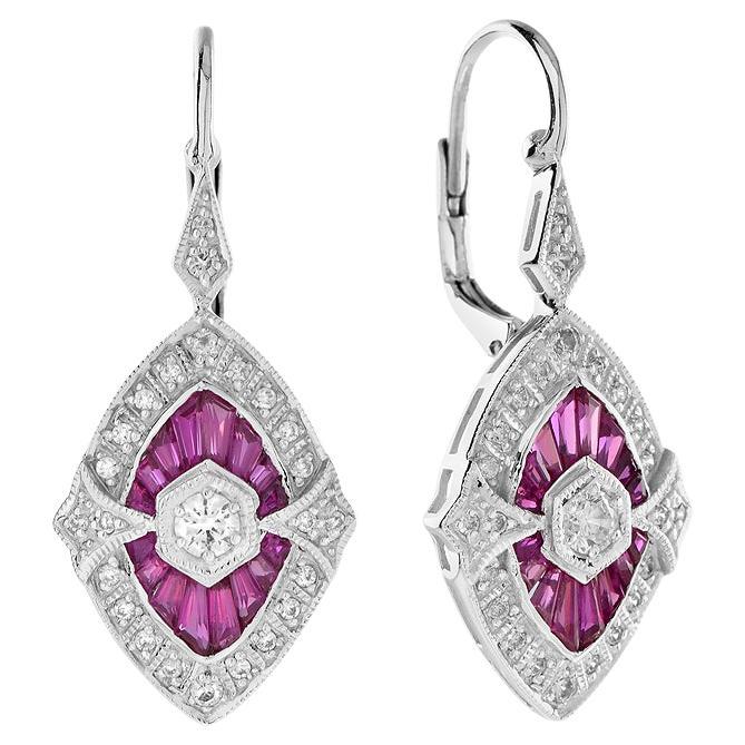 Diamond and Ruby Marquise Shape Drop Earrings in 18K White Gold For Sale