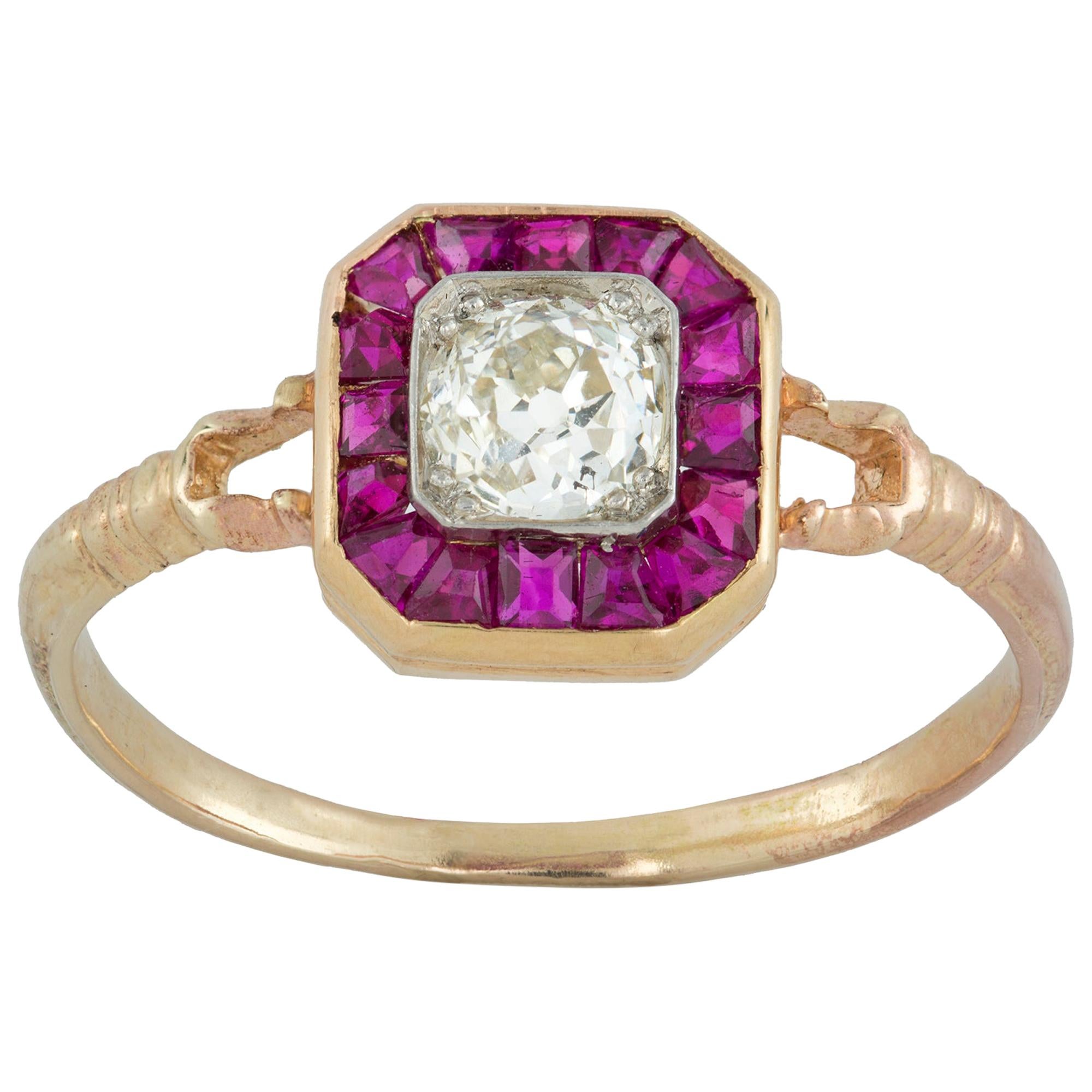 Diamond and Ruby Octagonal Cluster Ring