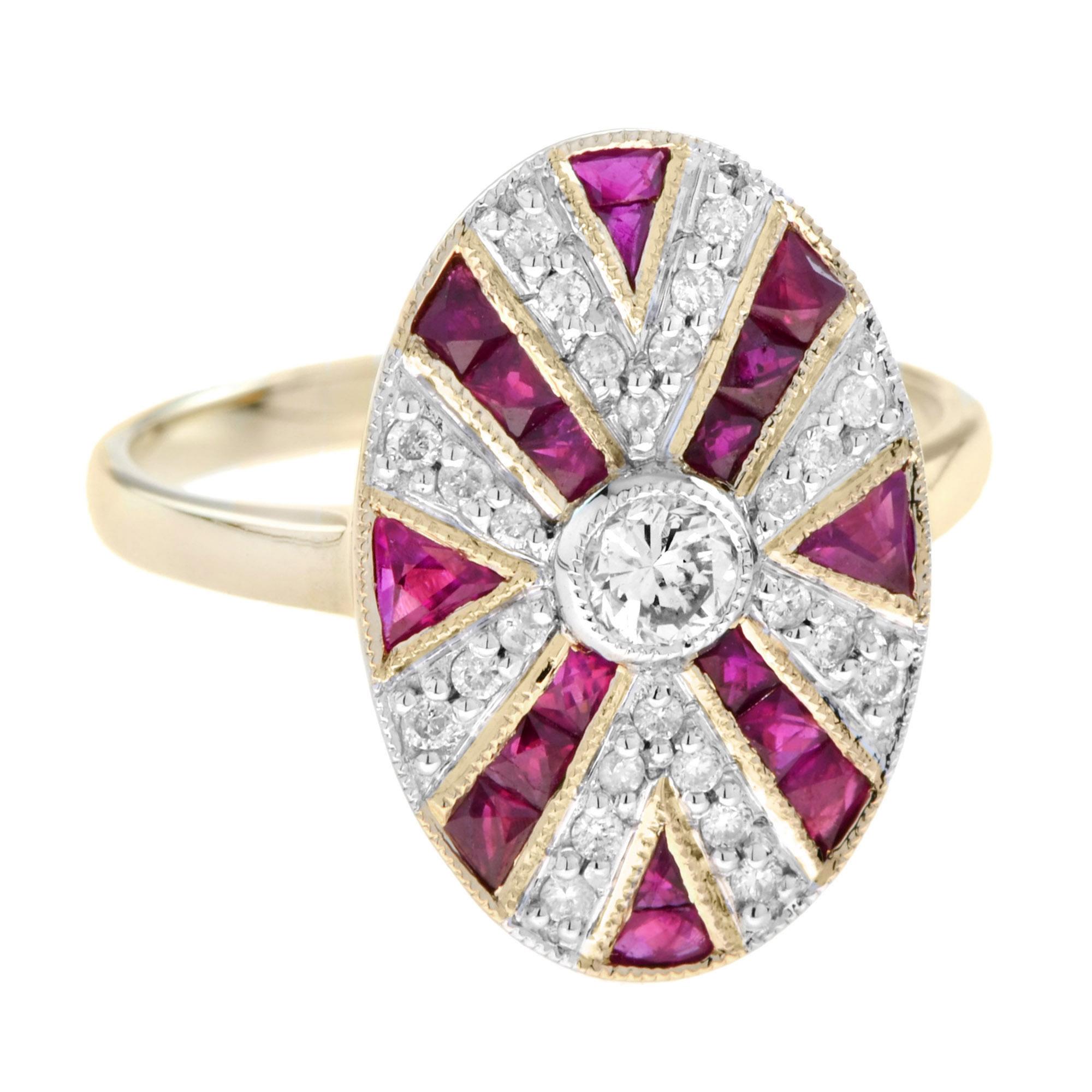 Round Cut Diamond and Ruby Oval Shaped Art Deco Style Cocktail Ring in 14K Yellow Gold For Sale