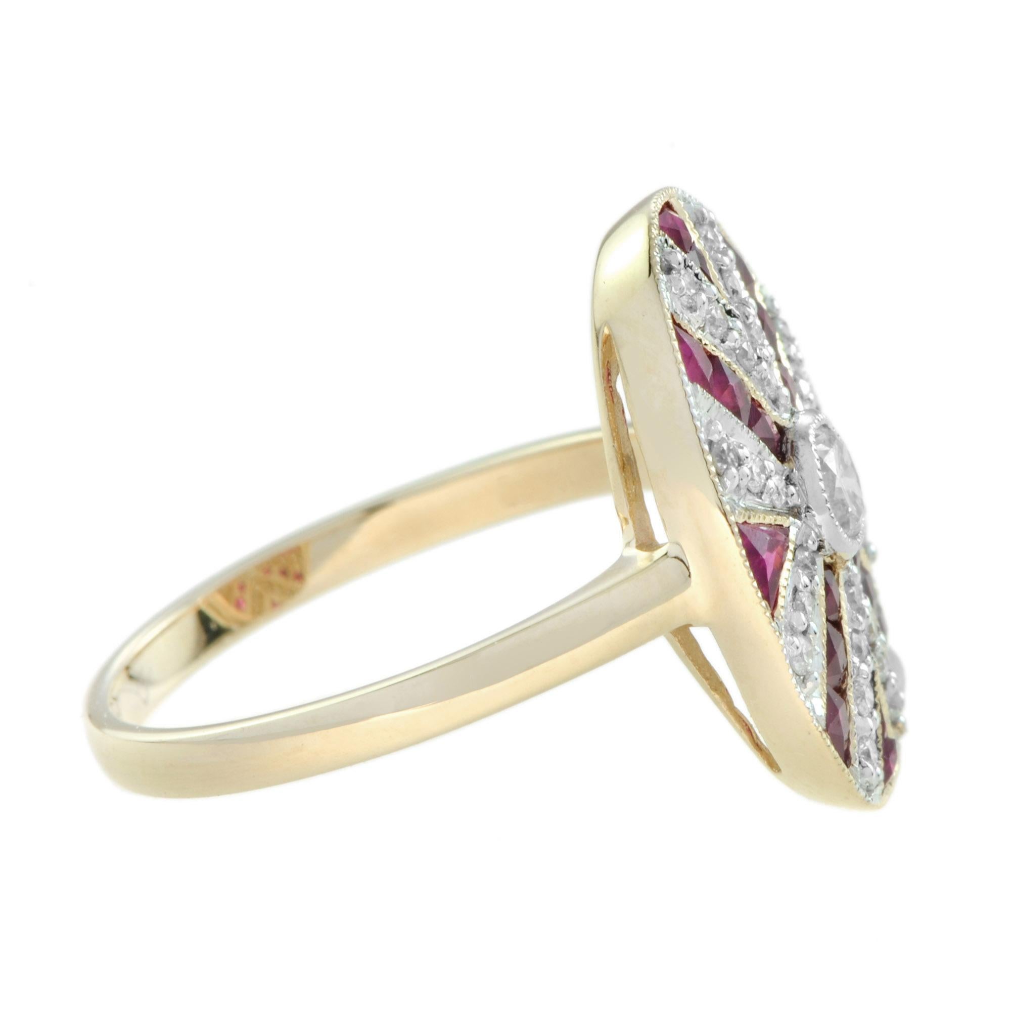 Diamond and Ruby Oval Shaped Art Deco Style Cocktail Ring in 14K Yellow Gold In New Condition For Sale In Bangkok, TH