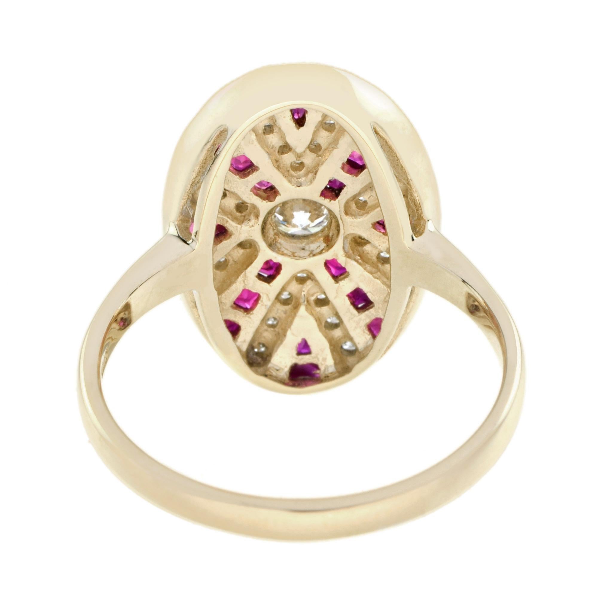 Women's Diamond and Ruby Oval Shaped Art Deco Style Cocktail Ring in 14K Yellow Gold For Sale