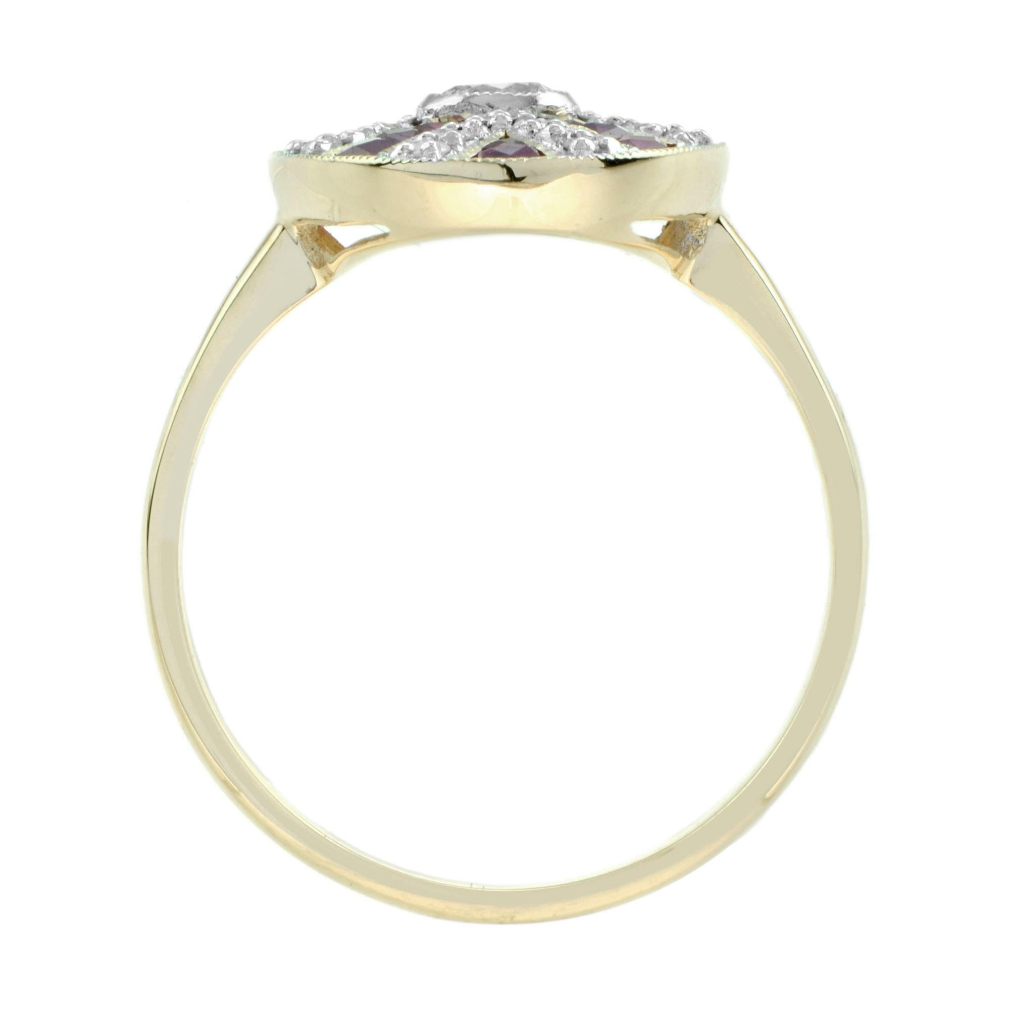 Bague de cocktail en or jaune 14 carats, diamant et rubis, de forme ovale, de style Art déco en vente 1