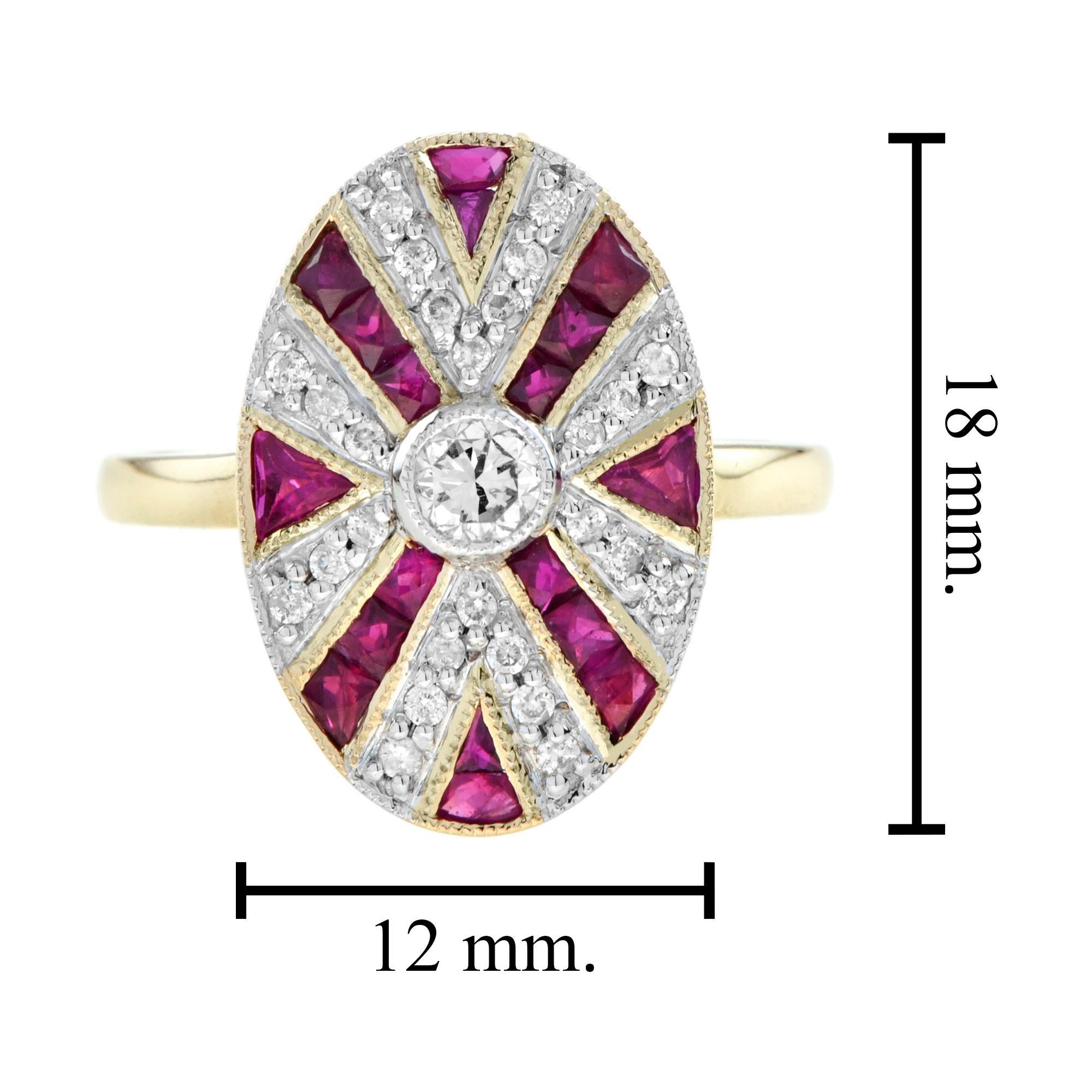 Bague de cocktail en or jaune 14 carats, diamant et rubis, de forme ovale, de style Art déco en vente 2