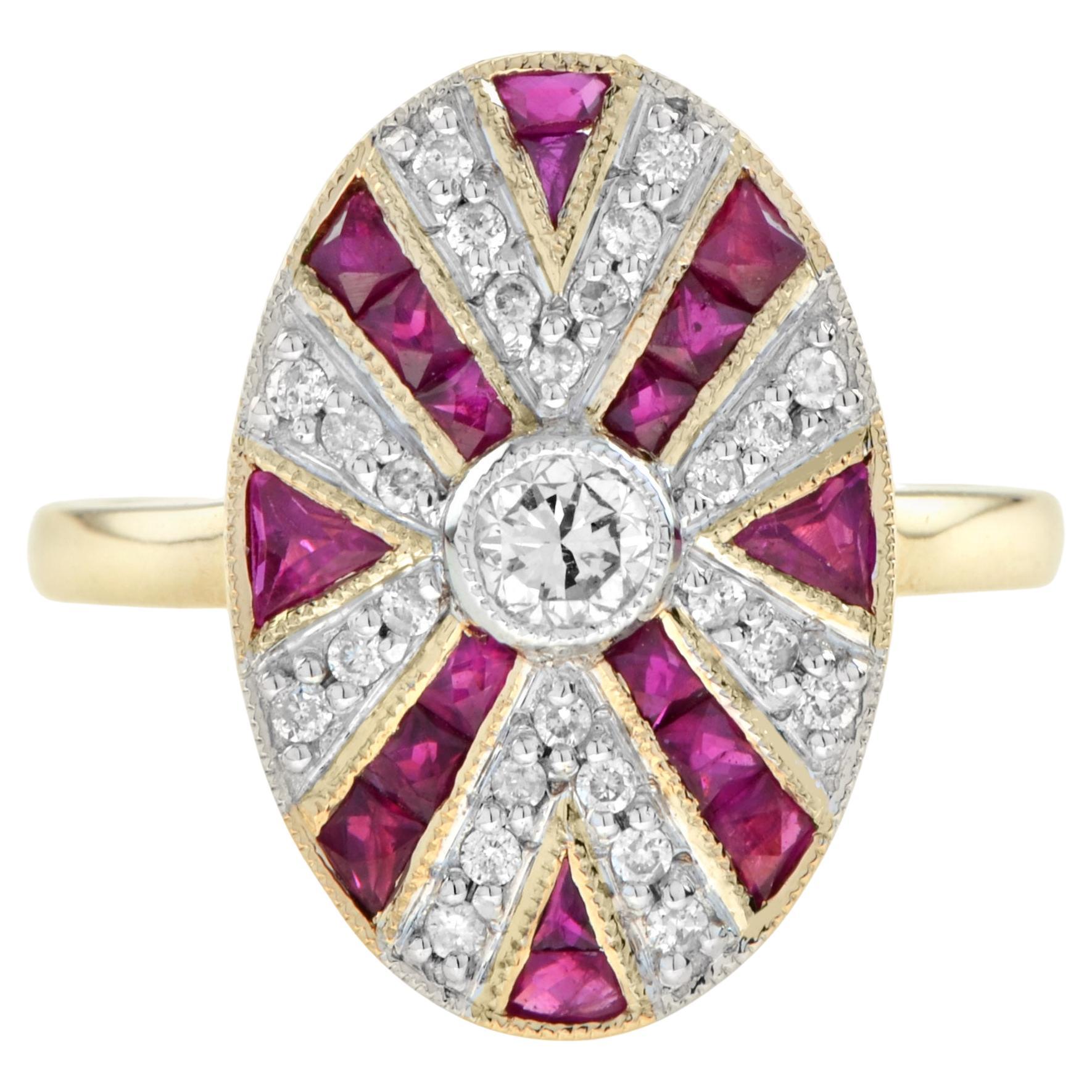 Diamond and Ruby Oval Shaped Art Deco Style Cocktail Ring in 14K Yellow Gold 