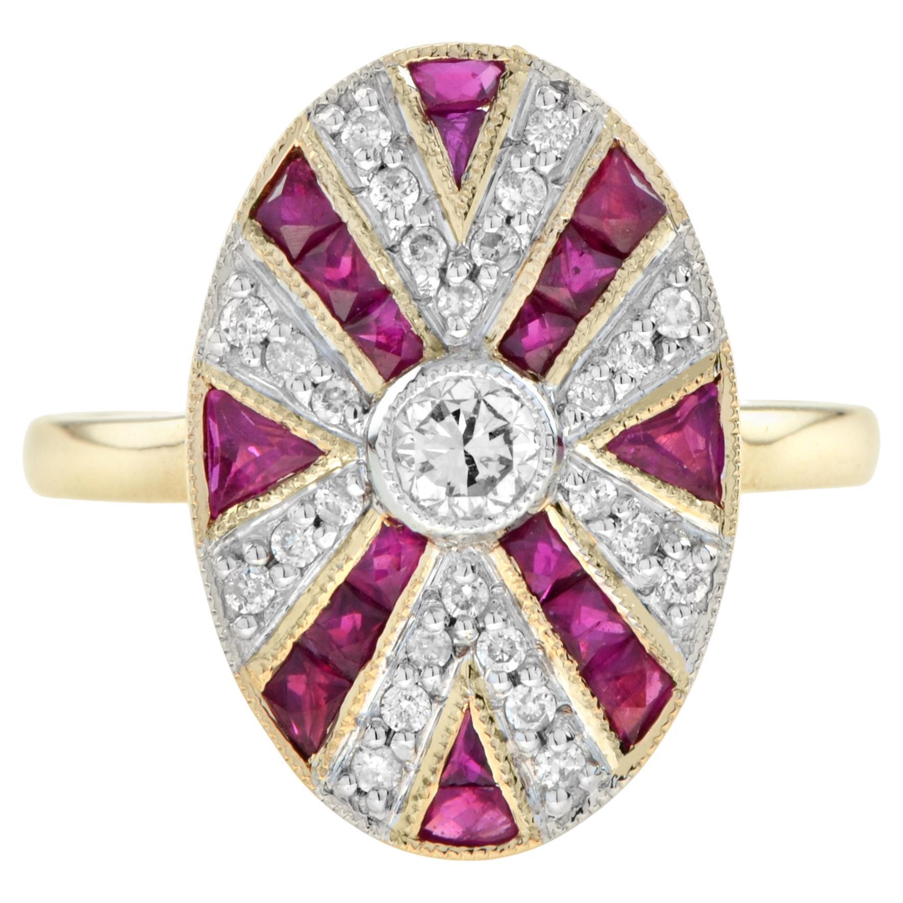 Diamond and Ruby Oval Shaped Art Deco Style Cocktail Ring in 14K Yellow Gold For Sale