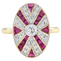 Diamond and Ruby Oval Shaped Art Deco Style Cocktail Ring in 14K Yellow Gold 