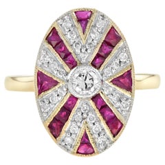 Bague de cocktail en or jaune 14 carats, diamant et rubis, de forme ovale, de style Art déco