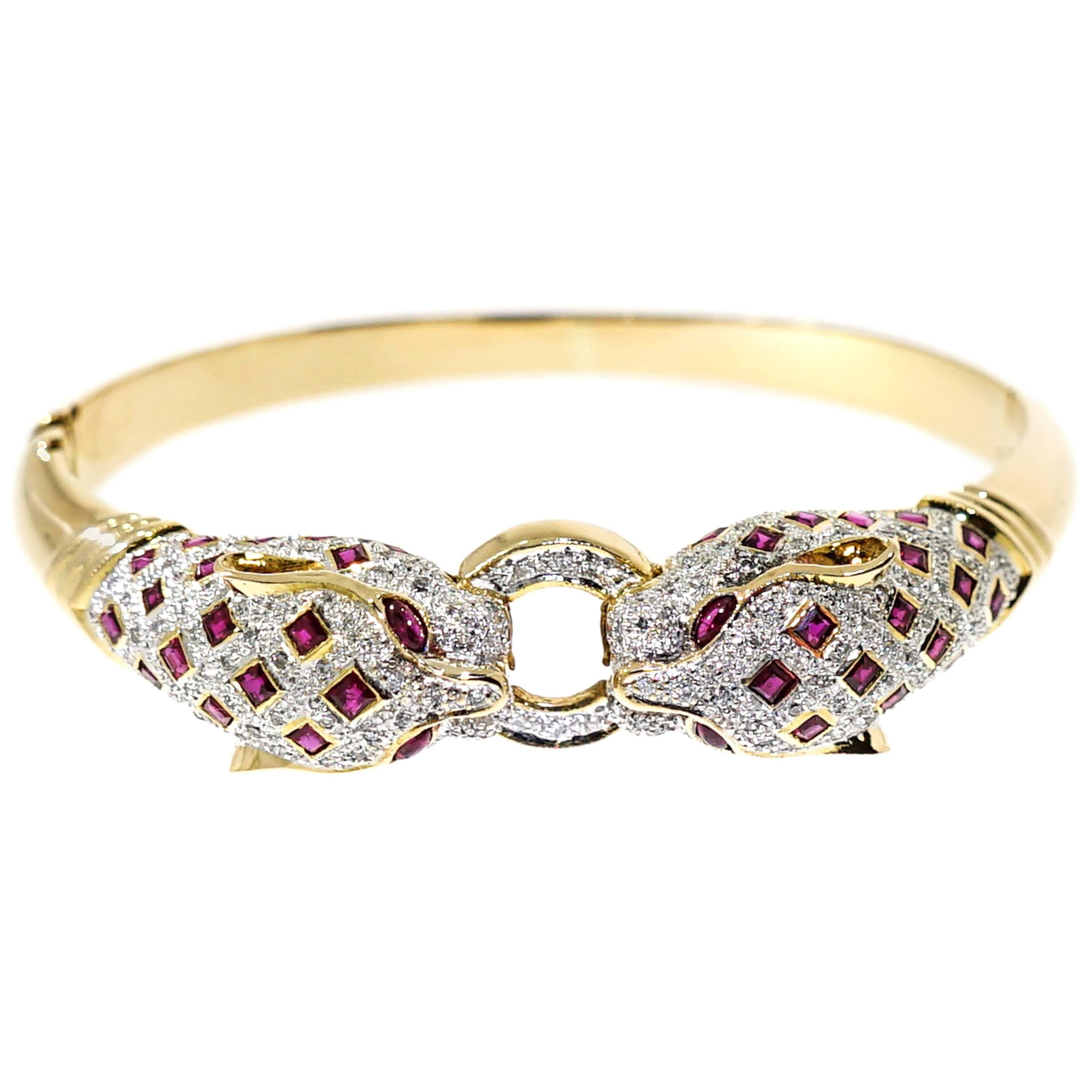 Diamond and Ruby Panther Yellow Gold Bangle Bracelet