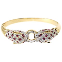 Diamond and Ruby Panther Yellow Gold Bangle Bracelet