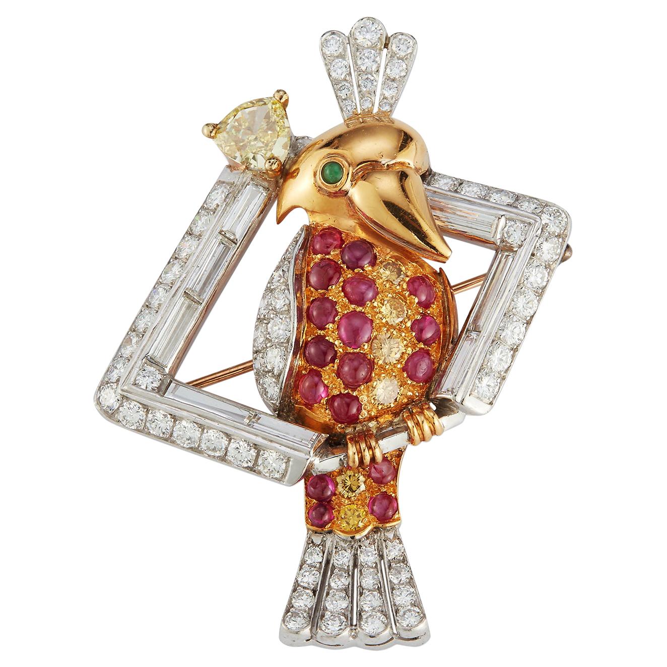 Diamond and Ruby Parrot Brooch with Emerald Eye