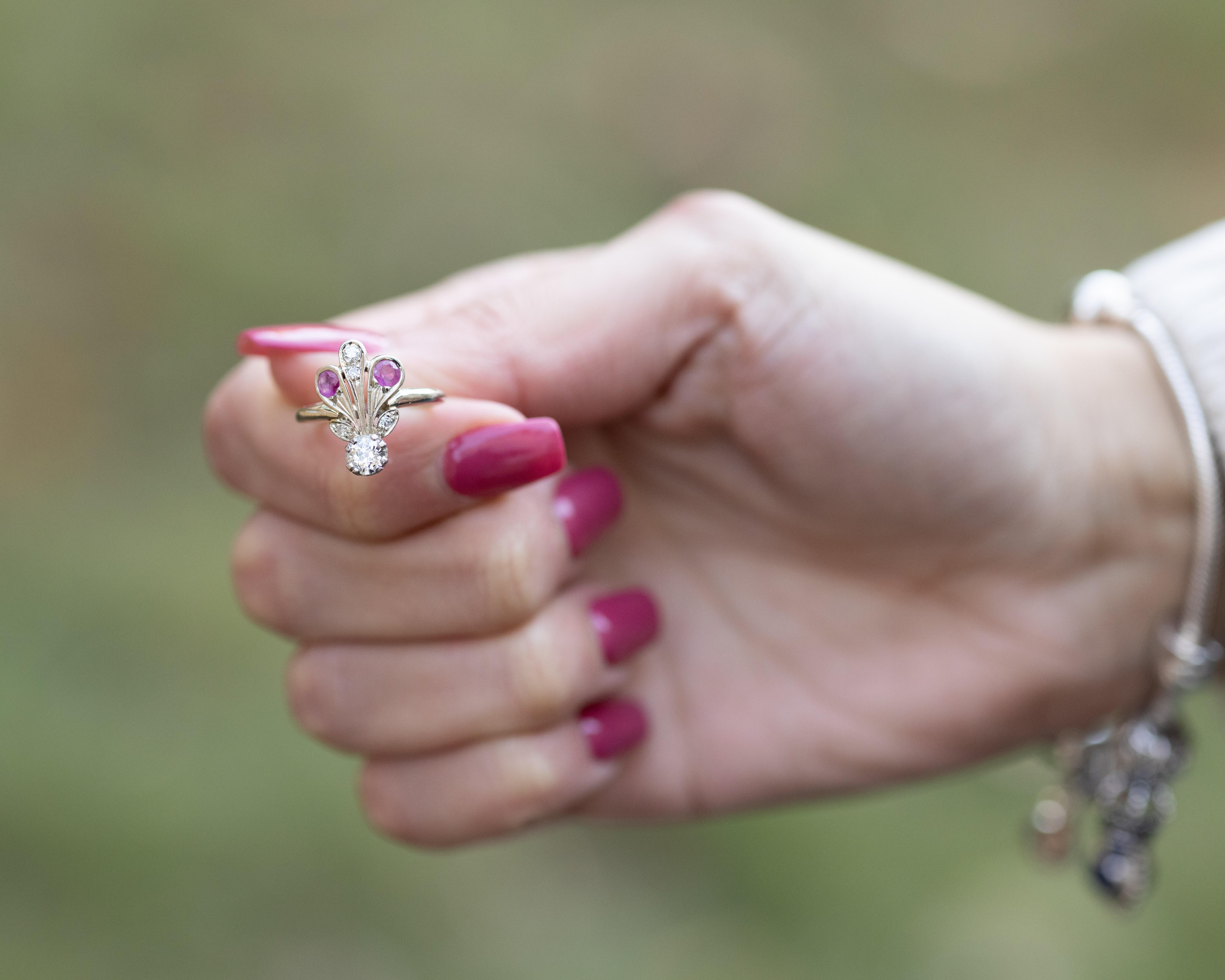 Round Cut Diamond and Ruby Peacock Ring, 14 Karat Gold