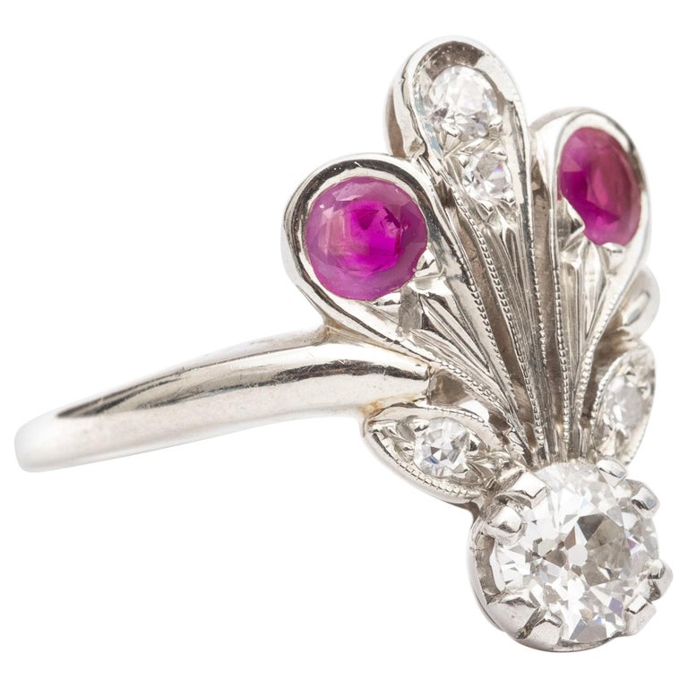 Diamond and Ruby Peacock Ring, 14 Karat Gold For Sale