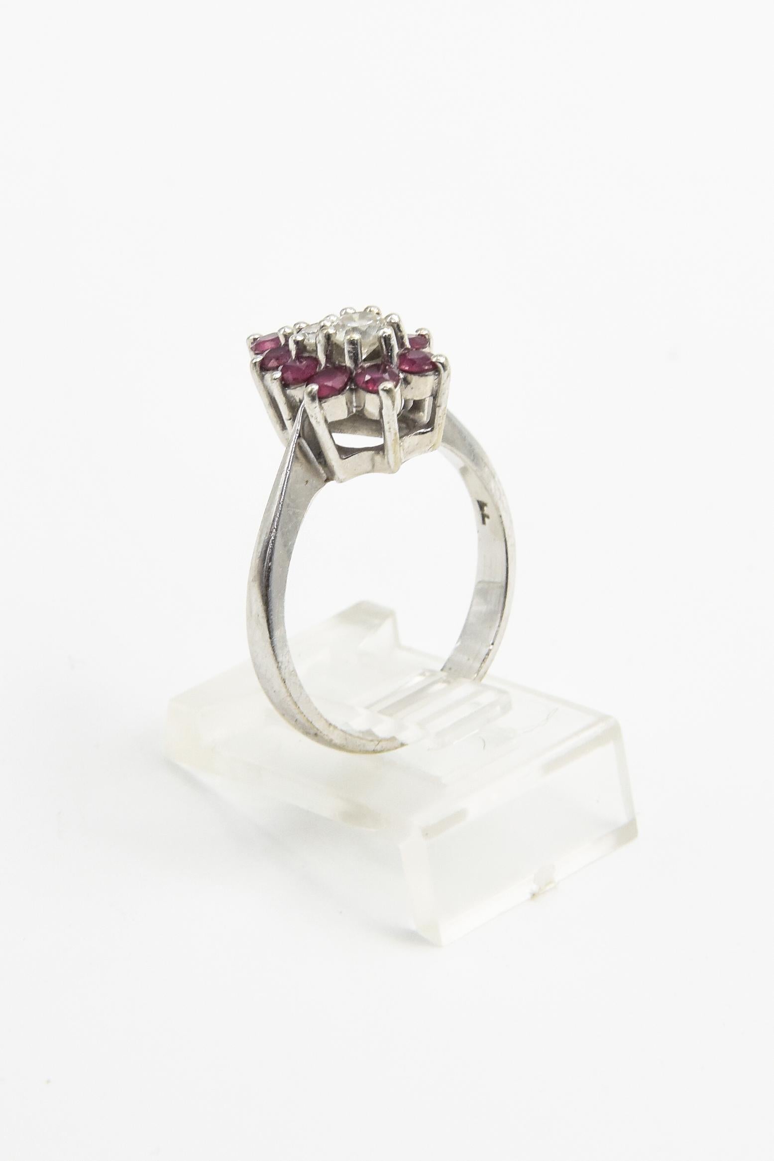Women's Diamond and Ruby Pear Shaped Cluster White Gold Ring For Sale