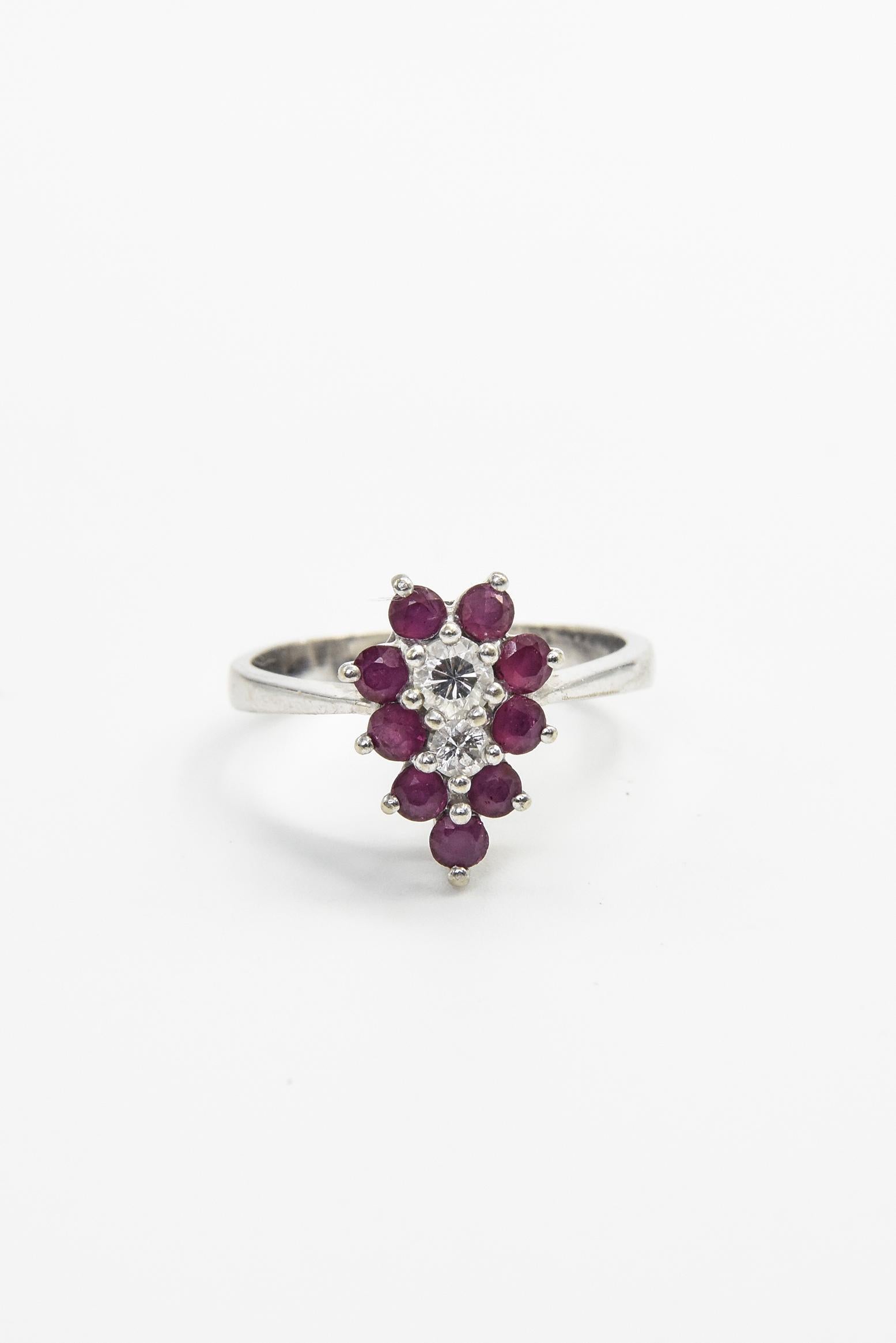 Diamond and Ruby Pear Shaped Cluster White Gold Ring For Sale 1