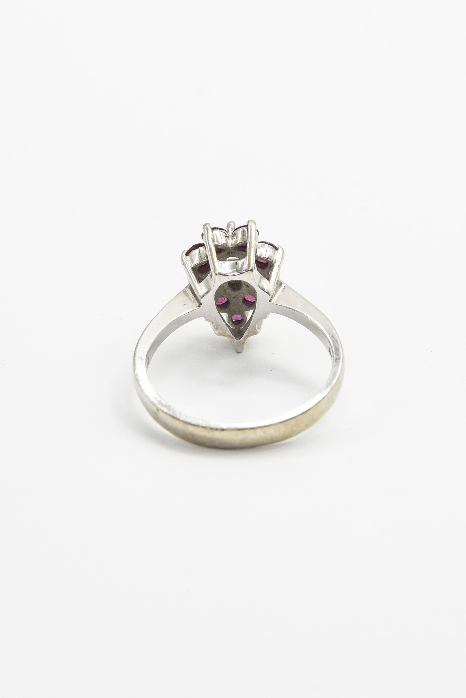 Diamond and Ruby Pear Shaped Cluster White Gold Ring For Sale 2