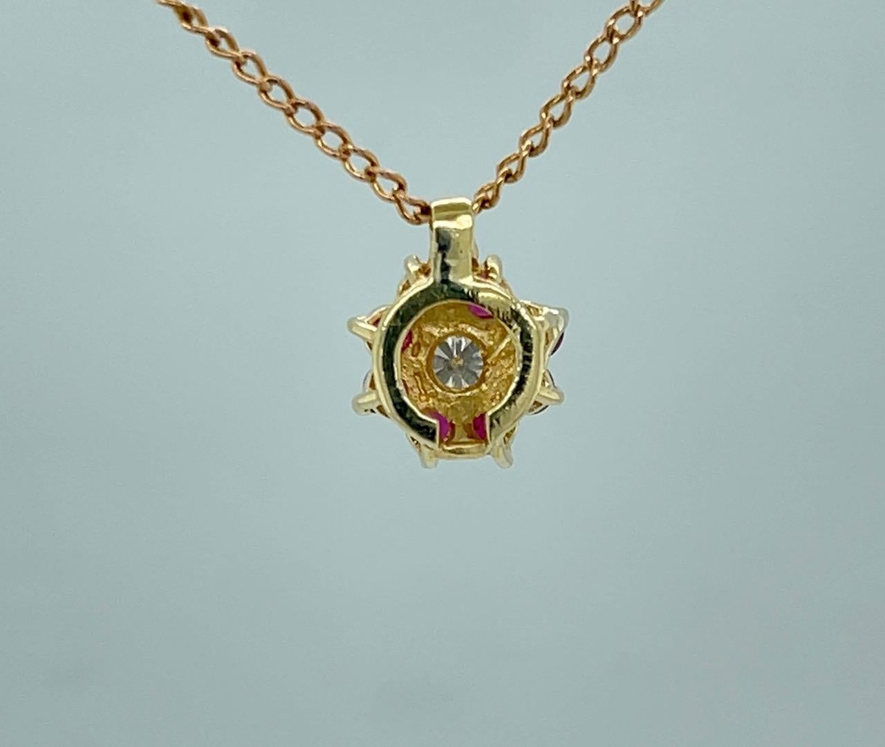 Round Cut Diamond and Ruby Pendant 14K Yellow Gold For Sale