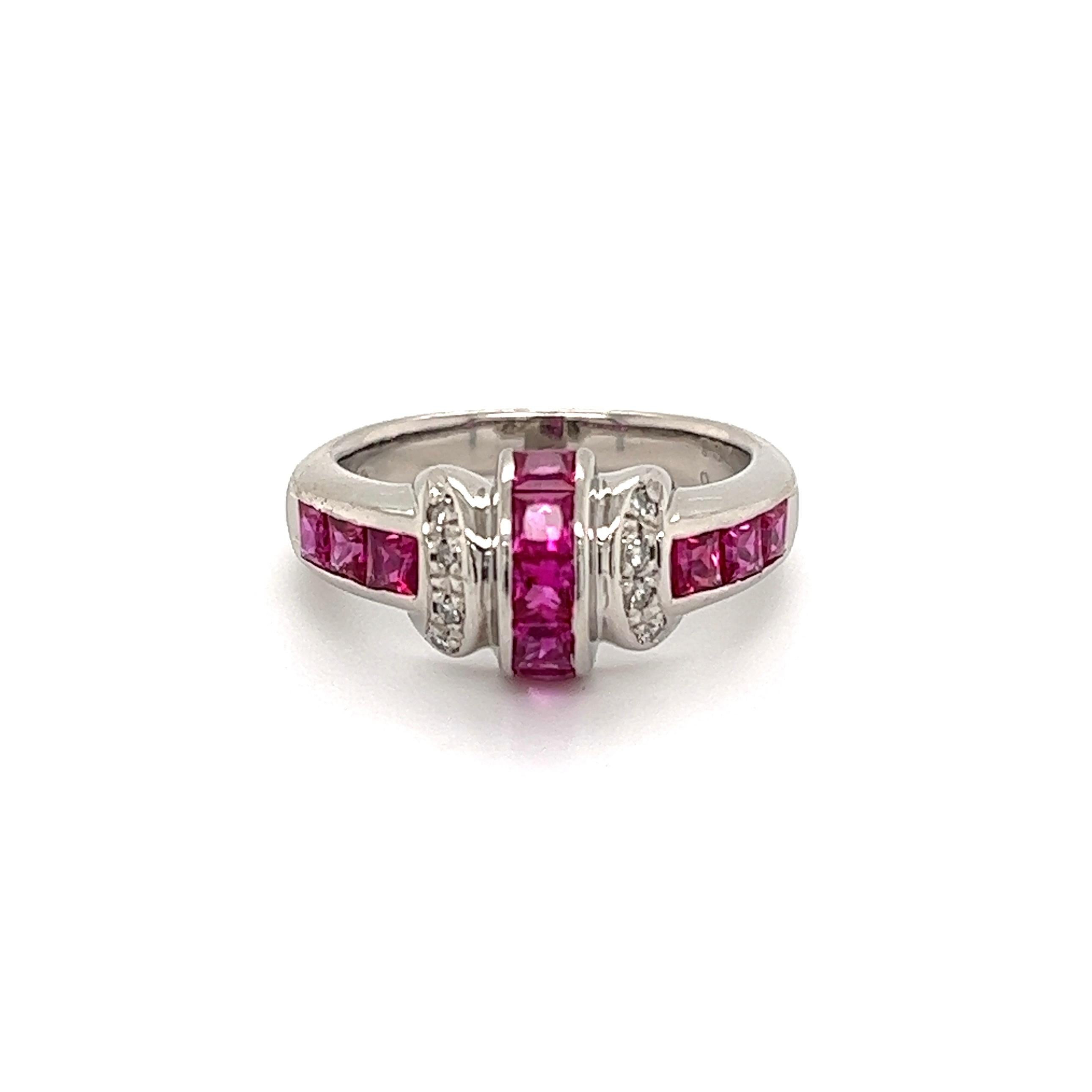 Simply Beautiful! Diamond and Ruby Platinum Cocktail Band Ring. Securely Hand set with Rubies weighing approx. 1.34tcw and Diamonds approx. 0.08tcw. Hand crafted Platinum mounting. Measuring approx. 0.91” l x 0.85” w x 0.37” h. Ring size 6.5, we