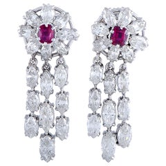 Diamond and Ruby Platinum Dangle Push Back Earrings Diamond and Ruby Platinum Dangle Push Back Earrings