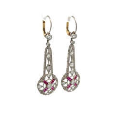 Diamond and Ruby Platinum Drop Vintage Statement Earrings Estate Fine Jewelry