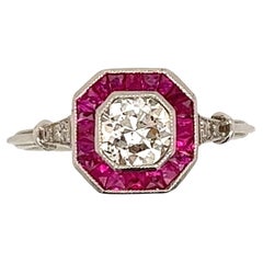 Diamond and Ruby Platinum Halo Art Deco Revival Ring Estate Fine Jewelry