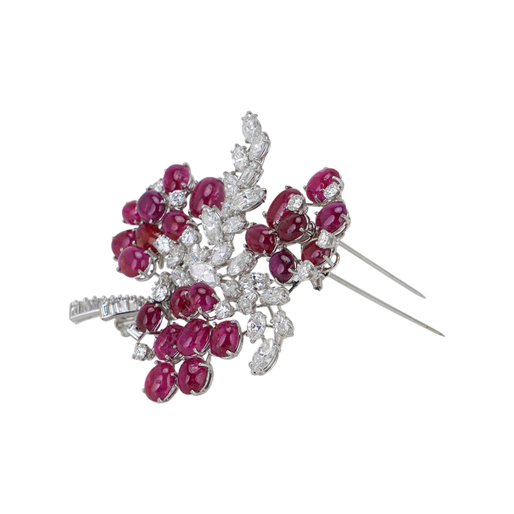 Brilliant Cut Diamond and Ruby Platinum Setting Vintage Brooch Floral Design For Sale