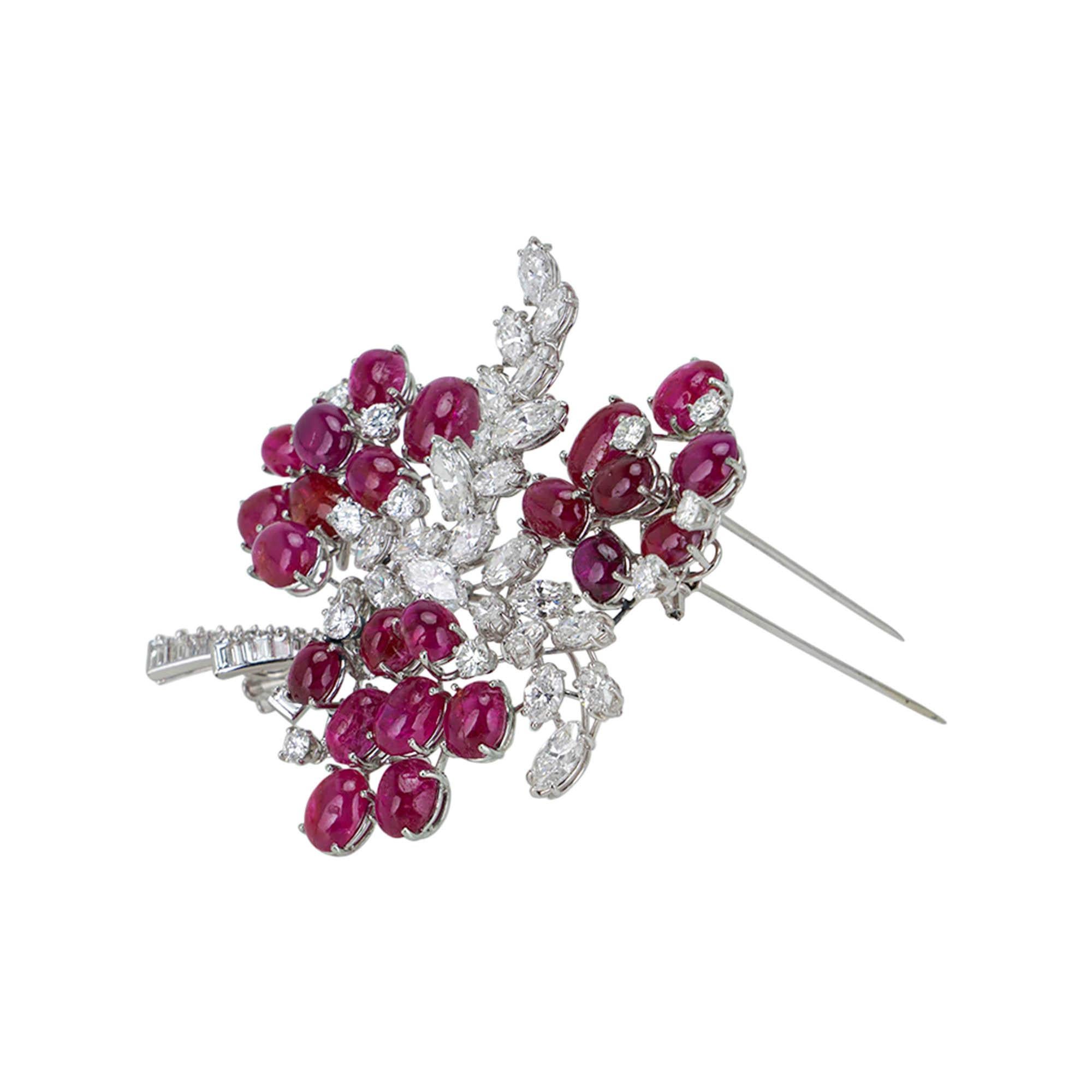 Diamond and Ruby Platinum Setting Vintage Brooch Floral Design In Excellent Condition For Sale In Miami, FL