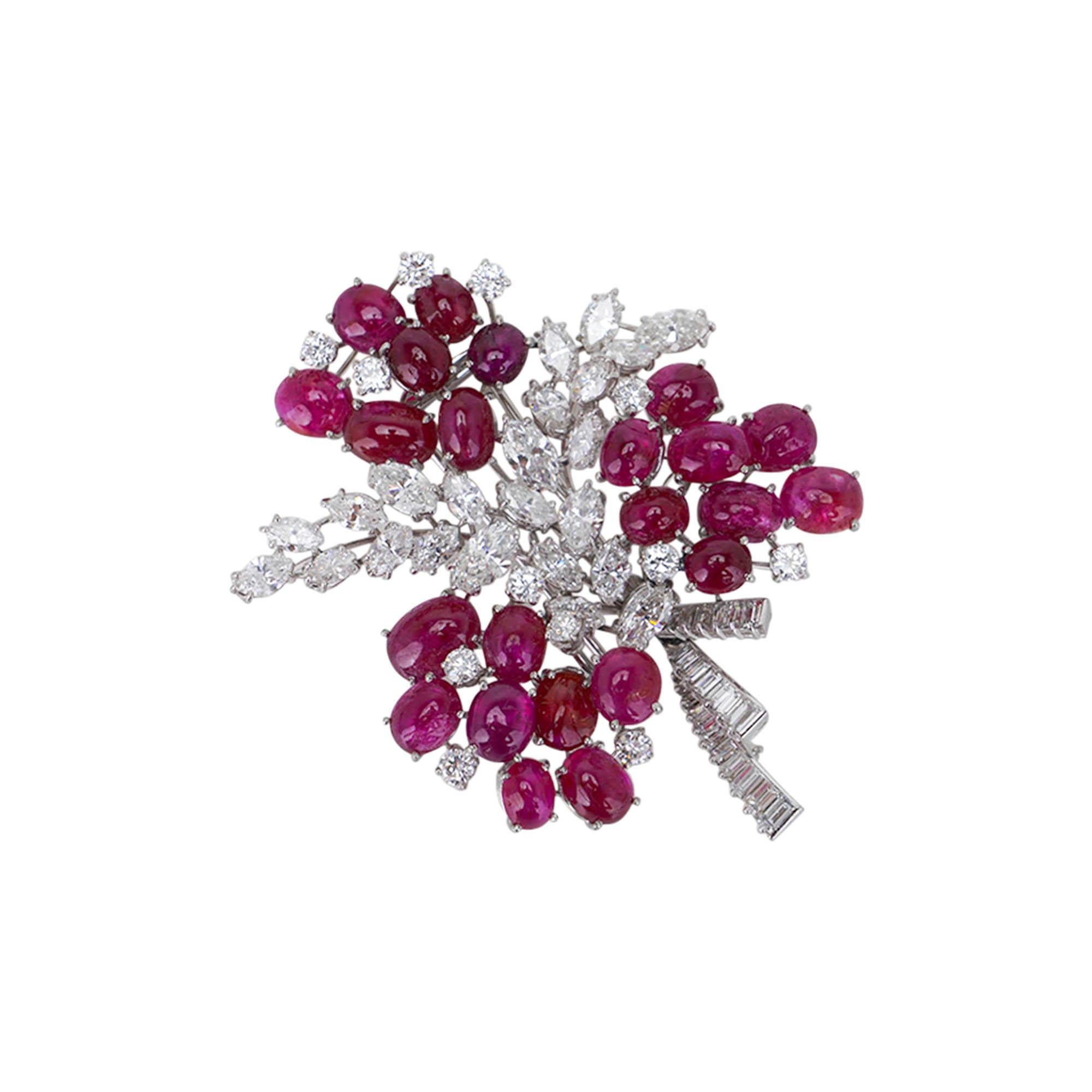 Women's Diamond and Ruby Platinum Setting Vintage Brooch Floral Design For Sale