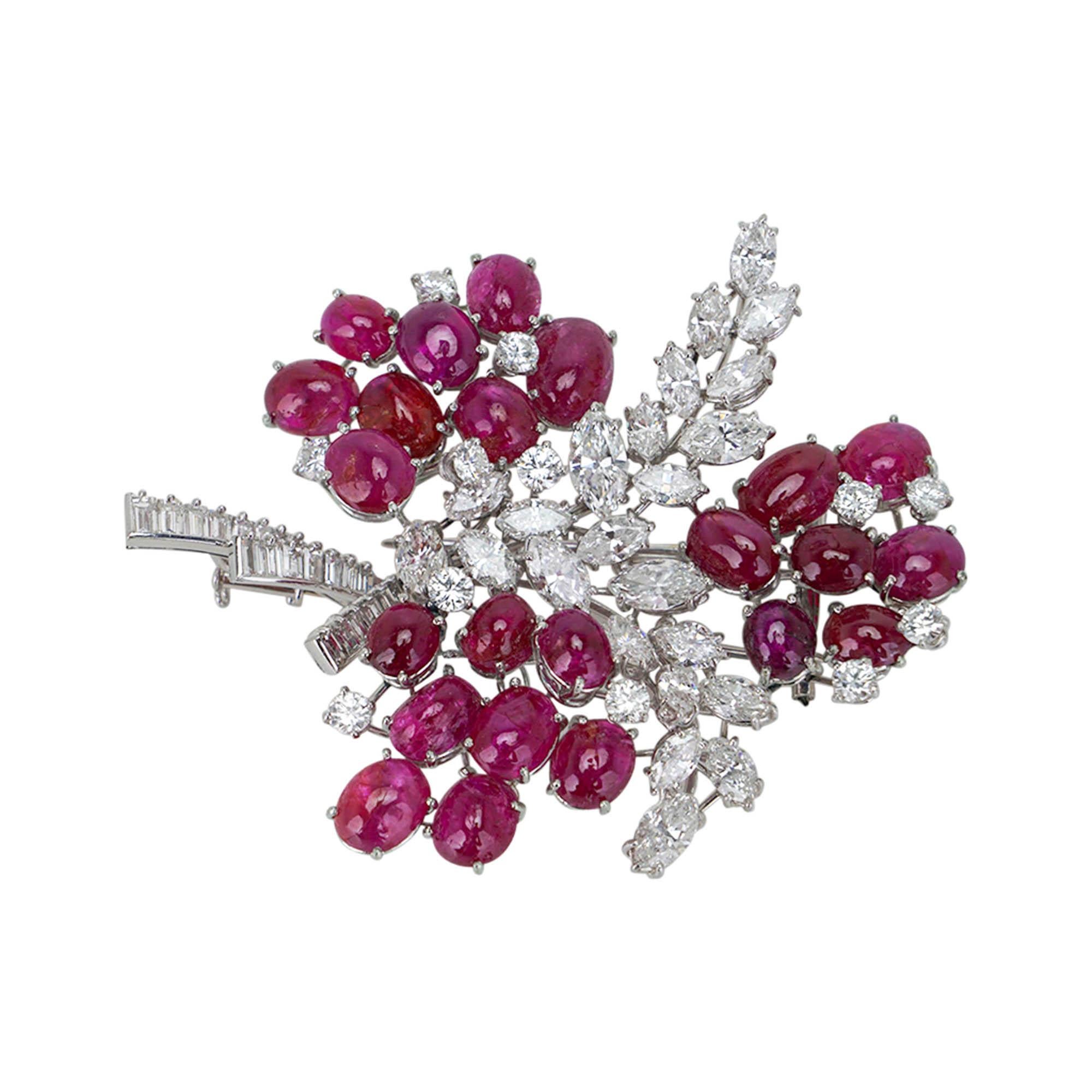 Diamond and Ruby Platinum Setting Vintage Brooch Floral Design For Sale 1