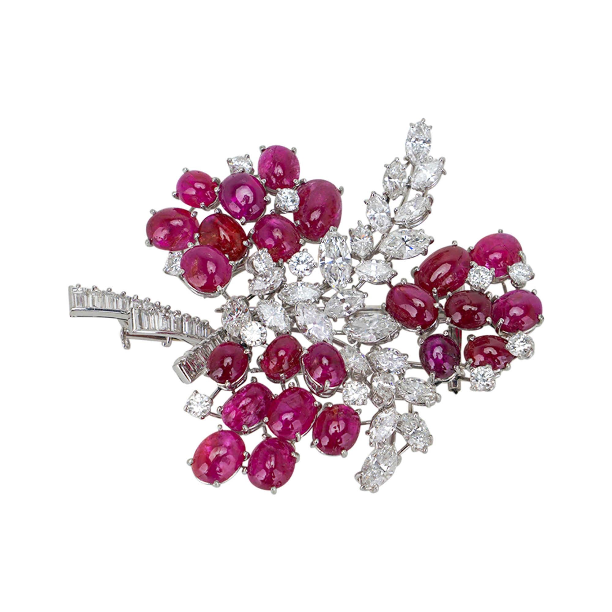 Diamond and Ruby Platinum Setting Vintage Brooch Floral Design For Sale 2
