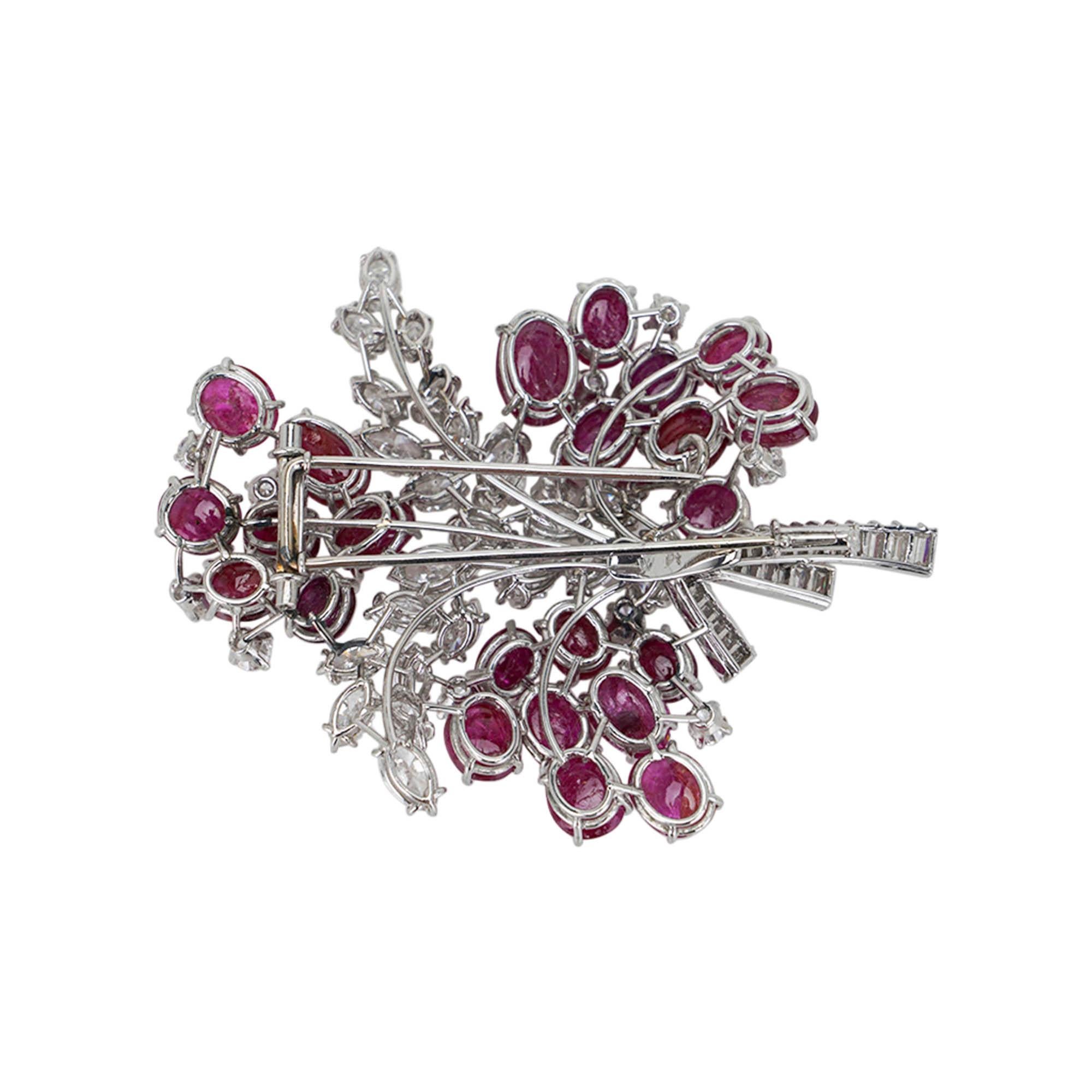 Diamond and Ruby Platinum Setting Vintage Brooch Floral Design For Sale 3