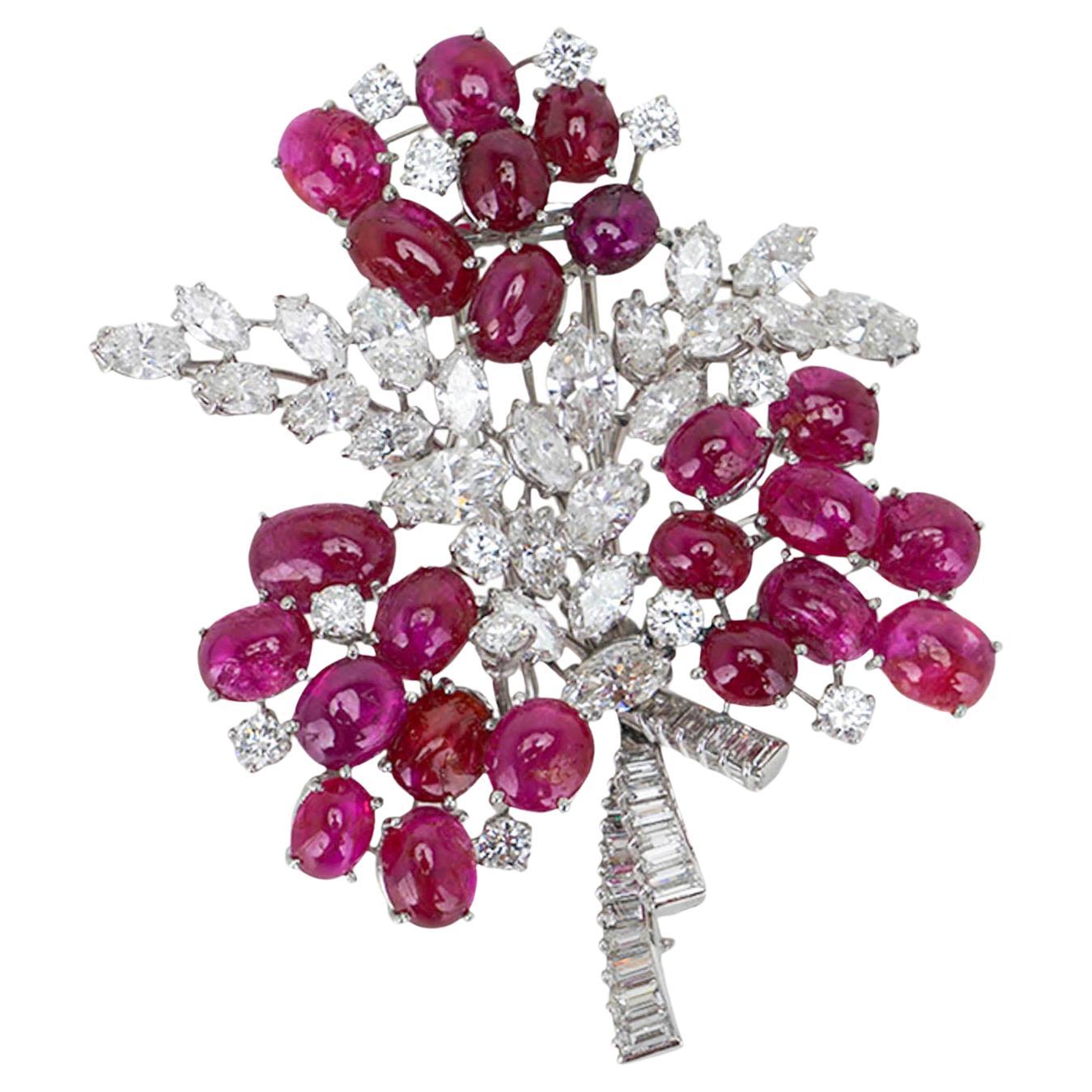 Diamond and Ruby Platinum Setting Vintage Brooch Floral Design