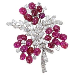 Diamond and Ruby Platinum Setting Retro Brooch Floral Design